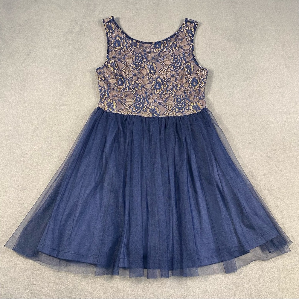 Forever 21 Women’s Blue and Tan Lace Tulle Mini Dress, Back Zipper, Lined,size L